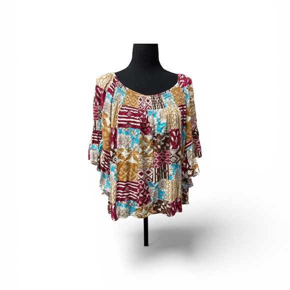 Cato Tops - Cato Boho Patchwork Peasant Top Smocked Neck Bell Sleeve Floral Print L